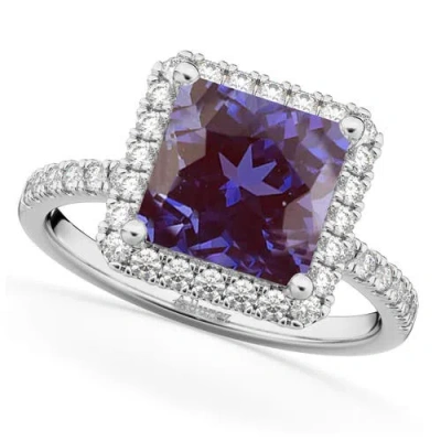 Allurez Princess Cut Halo Lab Alexandrite & Diamond Engagement Ring 14k In Silver