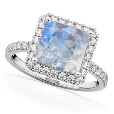 Allurez Princess Cut Halo Moonstone & Diamond Engagement Ring 14k In Blue