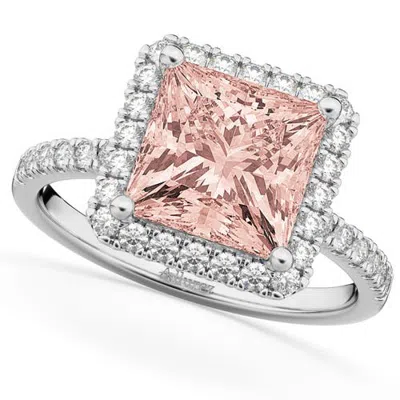 Allurez Princess Cut Halo Morganite & Diamond Engagement Ring 14k In 3.47ct/white Gold