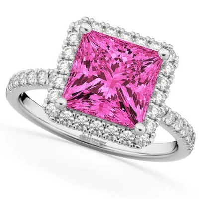 Allurez Princess Cut Halo Pink Tourmaline & Diamond Engagement Ring 14k