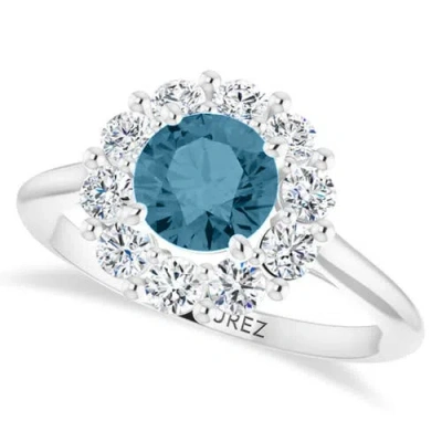 Allurez Round Lab Aquamarine & Diamond Halo Ring 14k In Metallic