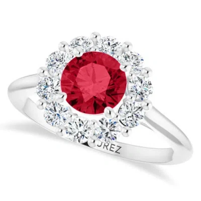Allurez Round Lab Ruby & Diamond Halo Ring 14k In Silver