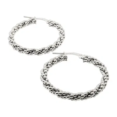 Allyanna Gifts Women's Rhodium Beaded Twisted Round Hoop Earrings In Sterling Silver