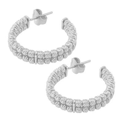 Allyanna Gifts Women's Round Diamond Cut Bead Double Row Post Hoop Earrings In Silver