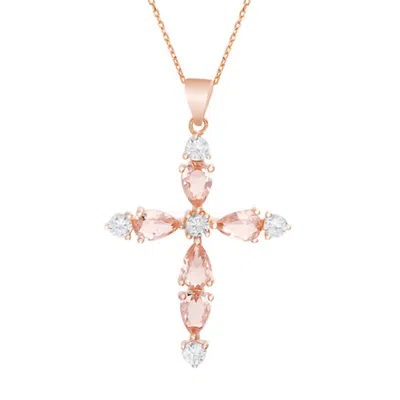 Allyanna Gifts Women's Sterling Silver Morganite Clear Cubic Zirconiacross Necklace In Rose Gold In Pink
