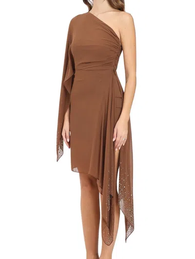 Alma Sanchez Asymmetric One-shoulder Dress With Draped Sleeve And Ruching In Brown