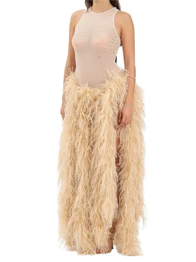 Alma Sanchez Butter Feathered Body Dress With Sheer Upper Bodice In Multi