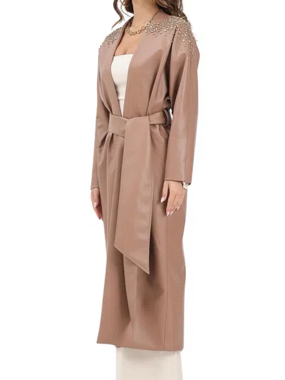 Alma Sanchez Long Belted Overcoat With Intricate Bead Embellishments In Brown