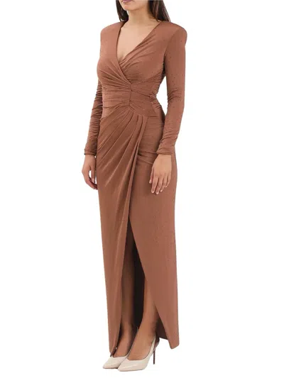 Alma Sanchez Long Lycra Dress With Central Slit And Rhinestone Embellishments In Brown