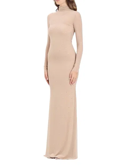 Alma Sanchez Long Tulle Dress With High Neckline And Sparkling Embellishments In Neutral
