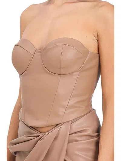 Alma Sanchez Strapless Corset Bustier Top In Smooth Beige Faux Leather In Brown