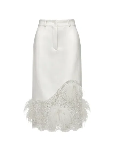 Almaz Highway Feather-trimmed Lace-panel Midi Skirt In White
