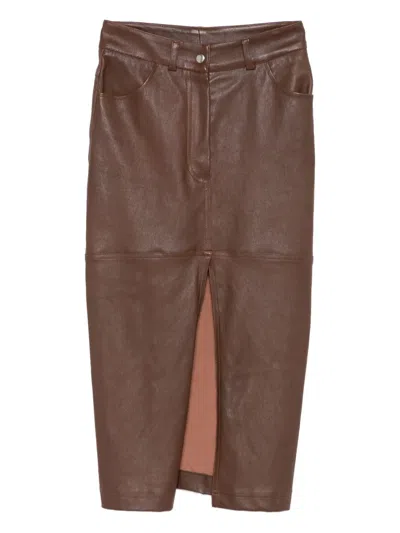 Almaz Leather Front-split Skirt In Brown