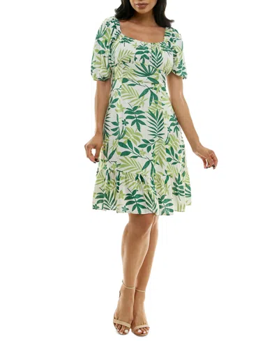 Almost Famous Juniors' Leaf-print Puff-sleeve Dress In Green Comb