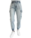Almost Famous Juniors' Mid Rise Two Button Fly Cargo Jogger Jeans In Light Wash