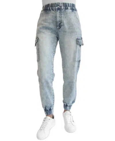 Almost Famous Juniors' Mid Rise Two Button Fly Cargo Jogger Jeans In Light Wash