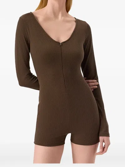 Alo Yoga Ribbed Long-sleeve Romper In Brown