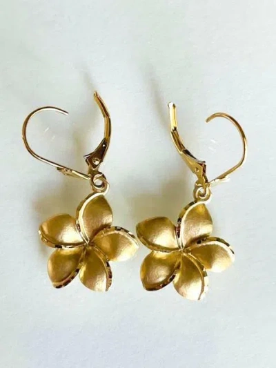 Pre-owned Aloha 14k Solid Yellow Gold Hawaiian Plumeria Flower Earring W: 16 Mm L: 32 Mm E25538