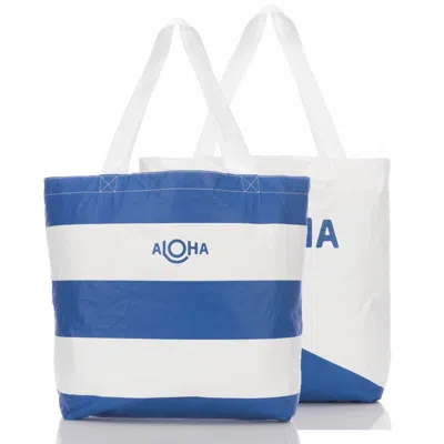 Aloha Collection Umbrella Stripe Reversible Tote Bag In White/navy In Blue