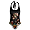 Aloha From Deer Women's Black / Brown / Green Boquet Face Open Back Swimsuit