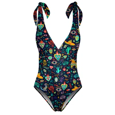 Aloha From Deer Women's Black / Green Colorful Mexico One Piece Swimsuit In Multi