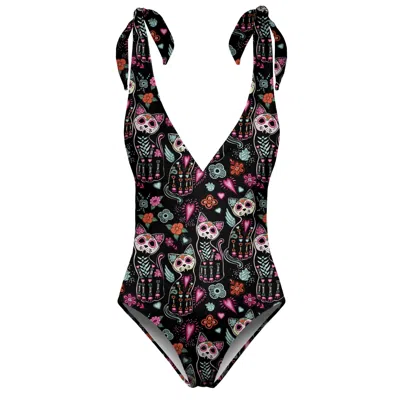 Aloha From Deer Women's Black / Pink Cat Skeleton One Piece Swimsuit In Multi