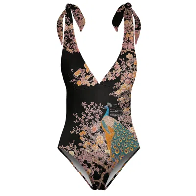Aloha From Deer Women's Black / Pink Ornate Avian One Piece Swimsuit In Multi