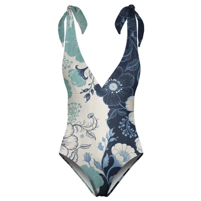 Aloha From Deer Women's Blue / White Floral Duo Open Back Swimsuit