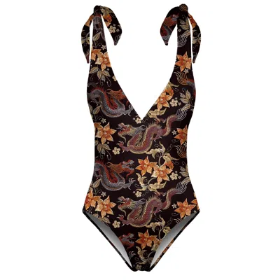 Aloha From Deer Women's Brown Japanese Dragon One Piece Swimsuit
