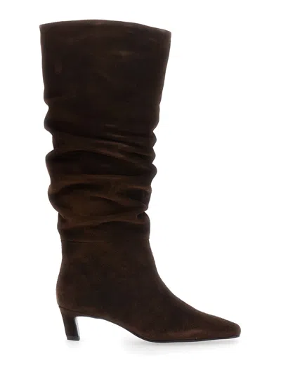 Alohas Kalila Suede Square-toe Knee-high Boots With Low Heel In Brown