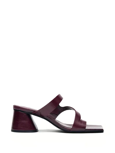 Alohas Leather Square-toe Block-heel Sandals With Asymmetric Straps In Burgundy