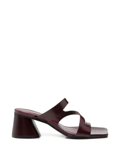 Alohas Leather Square-toe Block-heel Sandals With Asymmetric Straps In Burgundy