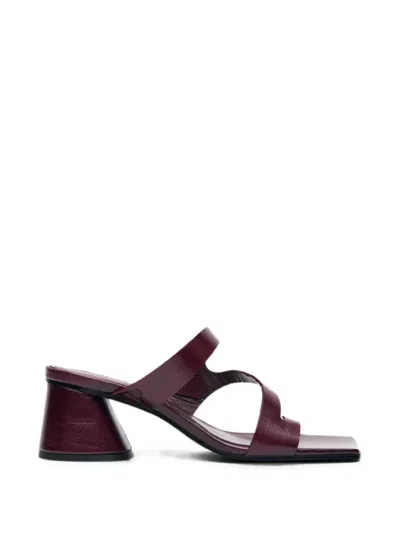 Alohas Leather Square-toe Block-heel Sandals With Asymmetric Straps In Burgundy