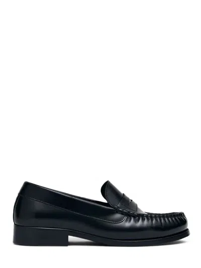 Alohas Penny Strap Black Leather Loafers With Moccasin Stitching