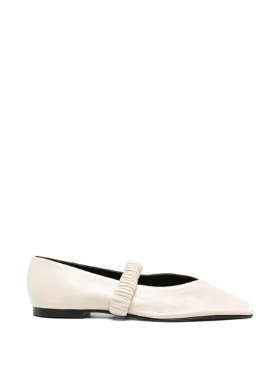 Alohas Square Toe Leather Flats With Ruched Front Strap In White