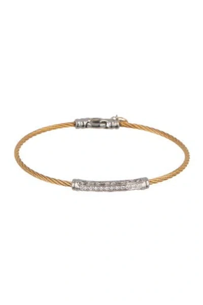 Alor ® 18k White Gold & Yellow Stainless Steel Cable Pave Bar Station Bangle Bracelet