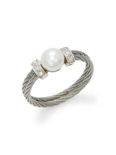 Alor Women's 18k White Gold, Stainless Steel, 2mm Freshwater Pearl & Diamond Cable Ring