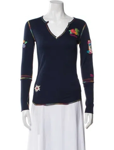 Pre-owned Alp N Rock Graphic Print V-neck Top In Blue