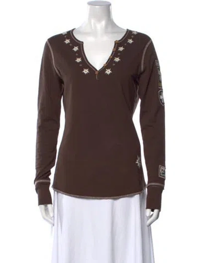 Pre-owned Alp N Rock Graphic Print V-neck Top In Brown