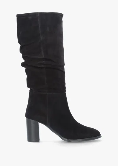 Alpe Alysee Black Suede Rouched Block Heel Calf Boots