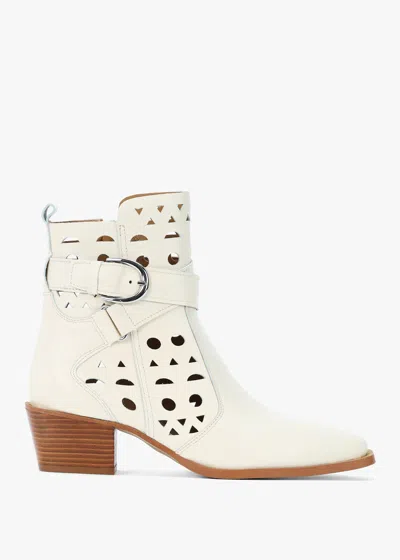 Alpe Apia Cream Leather Perforated Western Ankle Boots In White Leather