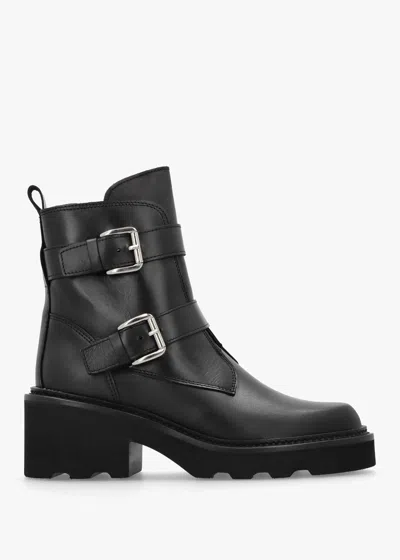 Alpe Arose Black Leather Double Buckle Ankle Boots