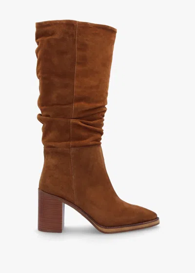 Alpe Astrid Tan Suede Rouched Block Heel Knee Boots