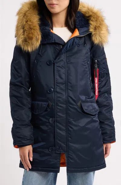 Alpha Industries Alpha N-3b Water Resistant Parka With Removable Faux Fur Trim In Blue