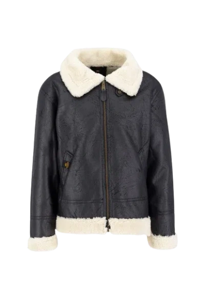Pre-owned Alpha Industries B-3 Black Leather Bomber Fur Jacket