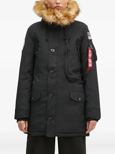 Alpha Industries Fur-trim Patch-detail Coat In Black