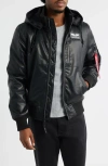 Alpha Industries Hooded Faux Leather Flight Jacket In Black