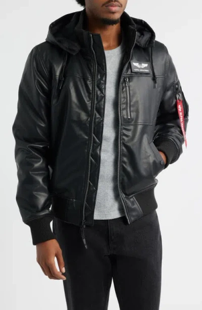 Alpha Industries Hooded Faux Leather Flight Jacket In Black
