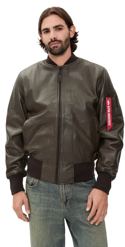 Alpha Industries Leather Ma-1 Heritage Fit Flight Jacket Hickory In Brown