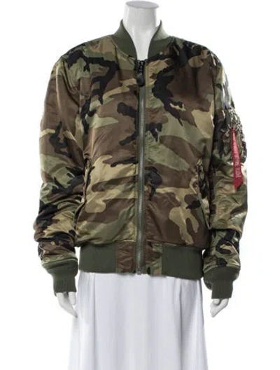 Pre-owned Alpha Industries Nylon Camouflage Print Bomber Jacket In Green